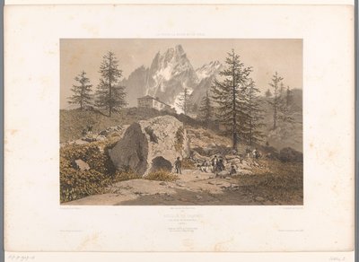 Paisagem com caminhantes e vista da Aiguille des Grands Charmoz Aiguille de Charmoz (título no objeto) Faces na Suíça, Savoy e Tirol (título da série) La Suisse, la Savoie et le Tyrol (título da série no objeto) de Eugene Ciceri