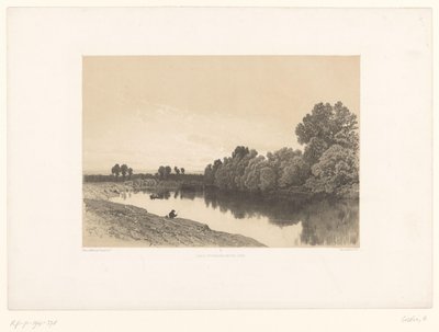 Paisagem fluvial com pescadores à luz da noite Paisagens pitorescas (título da série) Croquis pittoresques (título da série no objeto) de Eugene Ciceri