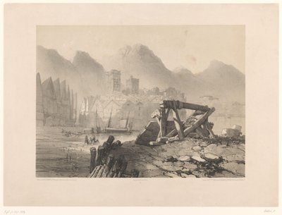 Paisagem de Cityscape com porto e montanhas de Eugene Ciceri