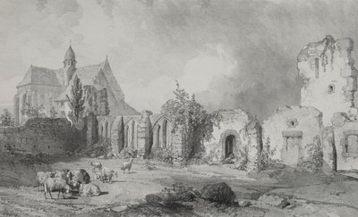 Viagens pitorescas e românticas na França antiga. Bretanha: Relec Abbey. de Eugene Ciceri