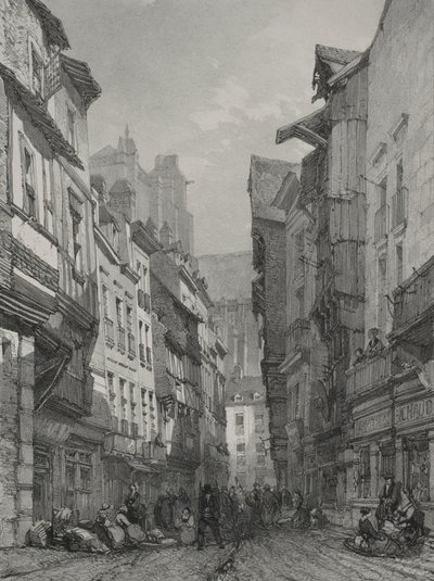 Viagens pitorescas e românticas na França antiga. Bretanha: Rua antiga principal em Nantes de Eugene Ciceri