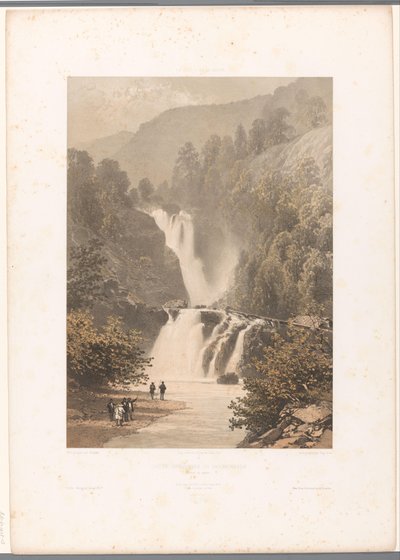 Caminhantes com vista para a cascata de Reichenbach
Chûte inférieure du Reichenbach (título sobre o objecto)
Vistas da Suíça e da Sabóia (título da série)
La Suisse et la Savoie (título da série sobre o objecto) de Eugene Ciceri