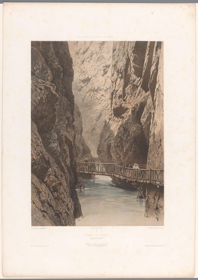Caminhantes em uma ponte através do Trientschlucht Gorge de Trient (título no objeto) Faces na Suíça, Savoy e Tirol (título da série) La Suisse, la Savoie et le Tyrol (título da série no objeto) de Eugene Ciceri