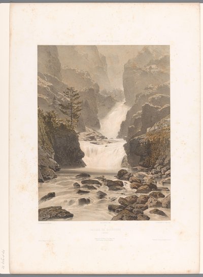 Vista da cachoeira Barberine perto de Vallorcine Cascade de Barberine (título no objeto) Faces na Suíça, Savoy e Tirol (título da série) La Suisse, la Savoie et le Tyrol (título da série no objeto) de Eugene Ciceri