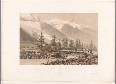 Vista do vale de Chamonix com o rio Arve. Vue Prize dans la Vallée de Chamonix (título no objeto) Faces na Suíça, Savoy e Tirol (título da série) La Suisse, la Savoie et le Tyrol (título da série no objeto) de Eugene Ciceri