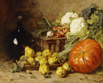 Natureza morta com um garrafão de vinho, uma cesta, peras, cebolas, couve-flor, couve, alho e abóbora, de Eugene Claude