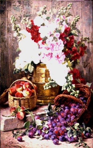 Natureza morta com flores em uma urna de latão e frutas em cestas de Eugene Claude