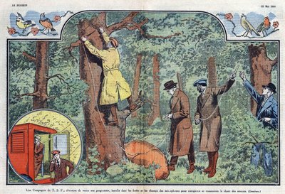 Uma empresa T.S.F. instala microfones nas florestas e campos para gravar e transmitir o canto dos pássaros. Ilustração de Damblans em "Le Pelerin" de 21 de Maio de 1933. de Eugene Damblans