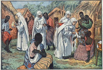 Sobre a inauguração, no Palácio Lateranense, em Roma, dos Museus das Irmãs Brancas, em uma aldeia da África Equatorial, onde catequizam e cuidam dos doentes. Ilustração de Damblans. Em "Le Pelerin" de 29 de janeiro de Eugene Damblans