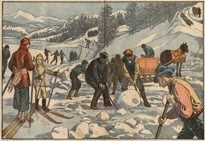 Os habitantes alpinos recolhem blocos de gelo no inverno para o verão. No fundo, os homens praticam esportes de inverno. Ilustração de Damblans. Em "Le Pelerin" de 18 de dezembro. de Eugene Damblans