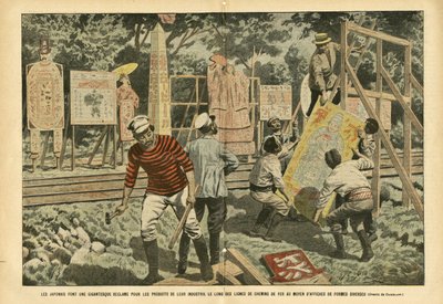 Ilustração de Eugene Damblans (1865-1945) em Le Pelerin, 03/09/05 - Os japoneses fazem uma reivindicação gigantesca para os produtos de sua indústria ao longo das linhas ferroviárias com cartazes de diversas formas - Publicidade, Japão, Trem Ferroviário, P de Eugene Damblans