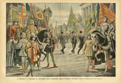 Ilustração de Eugene Damblans (1865-1945) em Le Pelerin, 06/08/05 - Por ocasião do 70º aniversário da independência da Bélgica, magníficos cortejos históricos percorrem a cidade de Bruxelas - Bélgica, História, Bandeiras, Bruxelas, Comemoratio de Eugene Damblans