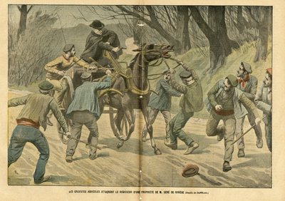 Ilustração de Eugene Damblans (1865-1945) em Le Pelerin, 31/01/04 - Grevistas agrícolas atacam o registro de uma propriedade de M. Sere de Riviere - Social, Vários fatos, Greve, Transporte, Agricultura, Floresta, Caleche Fiacre Cab - Operário, Cavalos de C de Eugene Damblans