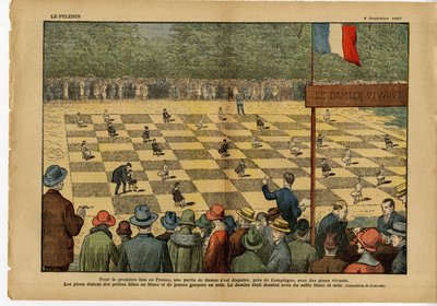 Ilustração de Eugene Damblans (1865-1945) em Le Pelerin, 04/09/27 - Pela primeira vez na França, um jogo de damas... Jogo de damas ao vivo - Jogo, Hobbies, Multidão, Damas de Eugene Damblans