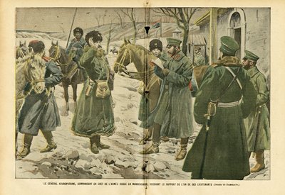 Ilustração de Eugene Damblans (1865-1945) em Le Pelerin, 05/03/05 - General Kuropatkin, comandante-chefe da Armea russa na Manchúria, recebendo o relatório de um de seus tenentes - Rússia, Armea, Manchúria, Guerra russo-japonesa, Neve - General de Eugene Damblans