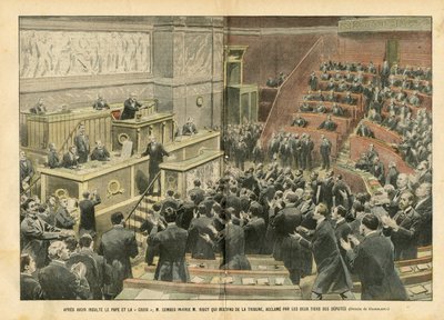 Ilustração de Eugene Damblans (1865-1945) em Le Pelerin, 06/11/04 - Depois de insultar o Papa e A Cruz, M. Combes insultou M. Ribot que desceu do pódio, aplaudido por dois terços dos deputados - Câmara de Deputados Hemiciclo, Luta, Retificação de Eugene Damblans