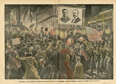Ilustração de Eugene Damblans (1865-1945) em Le Pelerin, 20/11/04 - Em Nova Iorque, a multidão aplaude o presidente reeleito dos Estados Unidos e o vice-presidente, cuja transparência reproduz as características - America USA, Elections, Architecture Urban de Eugene Damblans