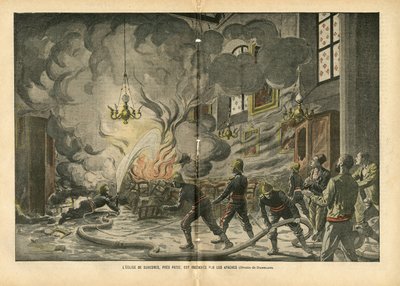 Ilustração de Eugene Damblans (1865-1945) em Le Pelerin, 26/06/04 - A igreja de Suresnes, perto de Paris, é queimada pelos Apaches - Fatos diversos, Religião Fé, Insecurite, Igrejas Cathedrale, Fogo, Suresnes, Catolicismo Católico - Apaches proxen de Eugene Damblans