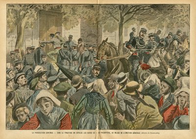 Ilustração de Eugene Damblans (1865-1945) em Le Pelerin, 27/10/07 - A perseguição continua Em Finistere, as curas do seu presbitério são expulsas no meio da emoção geral - Religion Faith, Brittany, Crowd, Catholic Catholicism, Finistere - S de Eugene Damblans