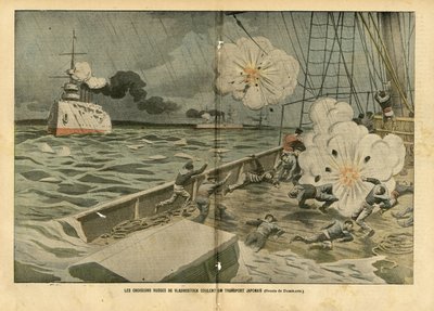 Ilustração de Eugene Damblans (1865-1945) em Le Pelerin, 28/02/04 - Os cruzadores russos de Vladivostok afundam um transporte japonês - Armee, Marine Seaside, Guerra Rússia-Japão, Navios de guerra, Vladivostok - Marinheiros, marinheiros de Eugene Damblans