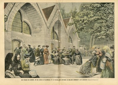 Ilustração de Eugene Damblans (1865-1945) em Le Pelerin, 28/08/04 - Nas piscinas de Lourdes, nestes dias de pelerinatos e orações, centenas de doentes pedem a sua guerra - Médica, Religião Fé, Arquitectura Urbanismo, Catolicismo de Eugene Damblans