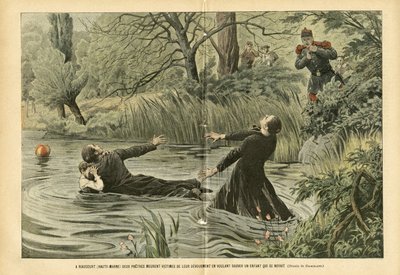 Ilustração de Eugene Damblans (1865-1945) em Le Pelerin, 30/07/05 - Em Riaucourt (Haute-Marne) dois padres morrem vítimas de sua devoção tentando salvar uma criança que foi afogada - Fatos diversos, Infância, Marítimo Náutico Balneaire, Riviere de Eugene Damblans