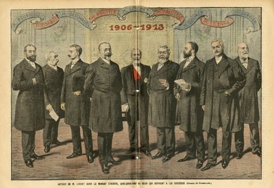 Ilustração de Eugene Damblans (1865-1945) em Le Pelerin, 31/12/05 - Por volta de M. Loubet termina o mandato, alguns dos que aspiram a suceder-lhe - Eleições, Presidente da República - Combes Emile (1835-1921), Doumer Paul (1857-1932), Rouvier Mauric de Eugene Damblans