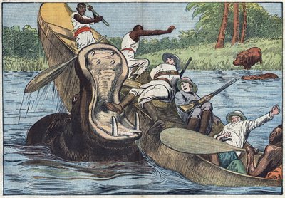 No Lago Vitória, África, um barco ocupado por missionários anglicanos e indígenas é virado por um hipopótamo ferido. Ilustração de Damblans. No "Le Pelerin" de 16 de maio de Eugene Damblans