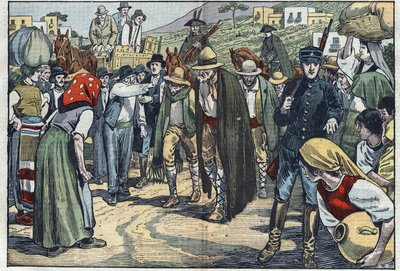 Assaltantes presos pela polícia fascista italiana. Sicília, Itália. Ilustração de Damblans. Em "Le Pelerin" de 14 de fevereiro... de Eugene Damblans