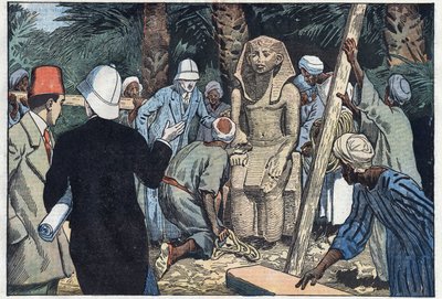 A missão arquéolégica francesa descobre uma estátua do adolescente Sesostris III que será levada ao Louvre. Medamoud, antiga Tebas, Egipto. Ilustração de Damblans. Em "Le Pelerin", de 22 de Novembro. de Eugene Damblans