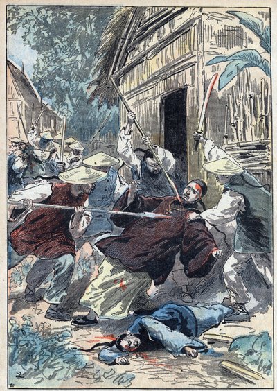 O padre francês Berthollet (1865-1898), sacerdote das Missões Estrangeiras, foi assassinado pelos guardas nacionais chineses perto da cidade de Yun Ngan Cheou (Yun-Ngan-Cheou) a 21 de Abril de 1898. Ilustração de Damblans em "Le Pelerin" de 10 de julho de Eugene Damblans