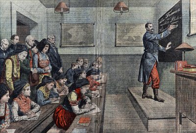 A primeira aula de francês na Alsácia é reconquistada. Ilustração de Damblans. Em "Le Pelerin" de 1914. de Eugene Damblans