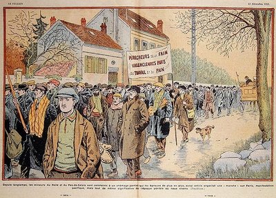 Mineiros desempregados do Norte de França e da região de Pas-de-Calais marchando para Paris, ilustração de 