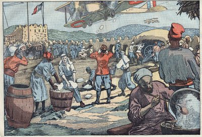 Guerra em Marrocos: Aviões franceses abastecem de gelo um cerco de quarteirão por marroquinos dissidentes. Ilustração de Damblans. Em "Le Pelerin" de 24 de Maio de Eugene Damblans