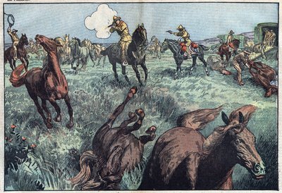 Os cavalos selvagens são abatidos nos Estados Unidos. Ilustração de Damblans. Em "Le Pelerin" de 31 de Janeiro... de Eugene Damblans