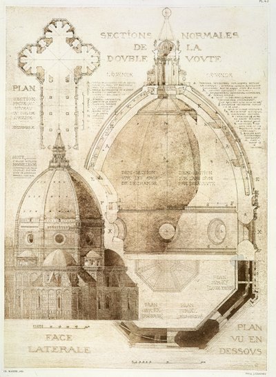 Planta, seção e elevação da Catedral de Florença, de "Fragmentos da Arquitetura da Idade Média e da Renascença", gravada por Jules Adolphe Chauvet (n.1828) de Eugene Duquesne