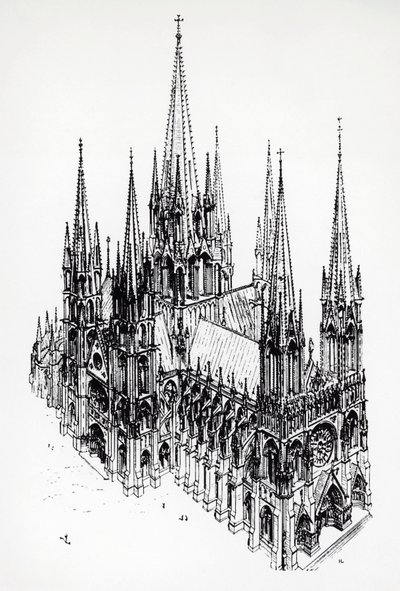Vista isométrica da catedral ideal, desenho de Eugene Emmanuel Viollet-le-Duc (1814-1879) do Dicionário de Arquitectura Francesa do Século XI ao Século XVI de Eugene Emmanuel Viollet-le-Duc