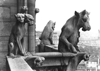 Duas gárgulas da balaustrada da Grande Galerie da fachada oeste, réplica de um original do século XII (pedra) (foto a p/b) de Eugene Emmanuel Viollet-le-Duc