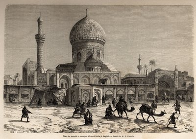 A Praça das Marcas e a Mesquita Ahmet Khiaia em Bagdá, desenho de Eugene Flandin (1809-1876), para ilustrar sua viagem à Mesopotâmia em 1840-1842. Gravura em "Le tour du monde", 1861. A coleção de Selva. de Eugene Flandin