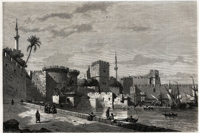 A vista do porto de Rodes e da porta de Aubusson, desenhada por Eugene Flandin, para ilustrar a sua viagem à ilha de Rodes em 1844. Gravura em "Le tour du monde", editado por Edouard Charton de Eugene Flandin