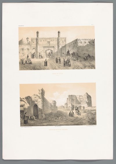 Duas caras em Tabriz Porte de ville (Tabriz) (título no objeto) Restes du palais de Zobeids (Tabriz) (título no objeto) Paisagens persas (título da série) Perse moderna (título da série) de Eugene Flandin