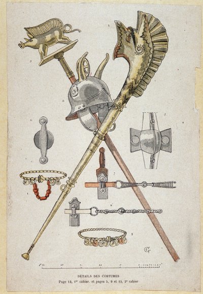 Acessórios do guerreiro Gálico: estandarte decorando um saglier ensina, o capacete e o warhorn (carnyx) - em "Illustrous Teaching Cahiers, War Costumes of the Bronze Age and the Gaulish Age", ed Grasset de Eugene Grasset