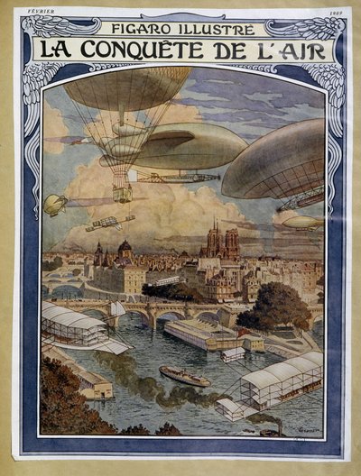 Air conquete: dirigível, balão e balão de ar quente sobre Paris - cobertura em "Figaro Illustré" de fevereiro de 1909 de Eugene Grasset