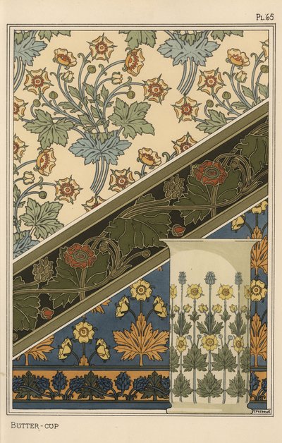 Ranúnculo em padrões art nouveau para papéis de parede e um vaso de Eugene Grasset