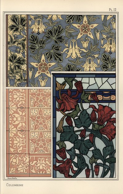 Columbine, Aquilegia vulgaris, flor em padrões para papel de parede, vidro manchado e azulejos de Eugene Grasset