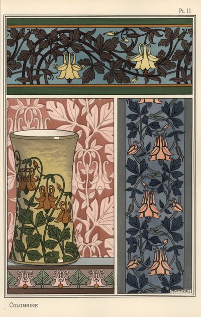 Flor Columbine, Aquilegia vulgaris, em padrões para papel de parede, tecido e vaso de Eugene Grasset