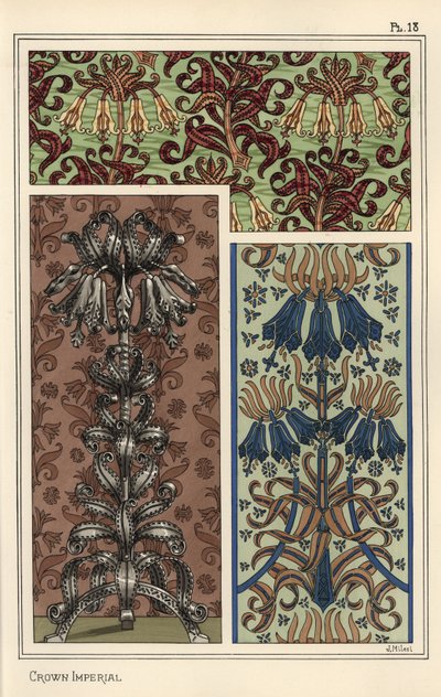 Flor imperial da Coroa, Fritillaria imperialis, em papel de parede e padrões de tecido, e como desenho para um objecto de arte em aço. de Eugene Grasset