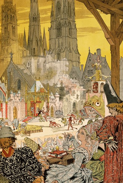 Representação de mistério no adro da catedral, ilustração para Notre-Dame de Paris por Victor Hugo (1802-1885) de Eugene Grasset