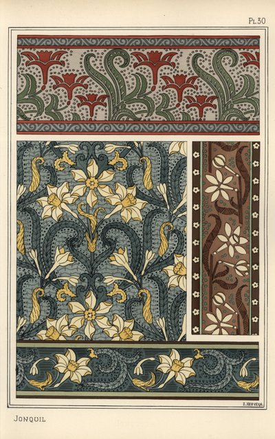 Jonquil, Narcissus jonquilla, como motivo de design em papel de parede e padrões de tecido de Eugene Grasset