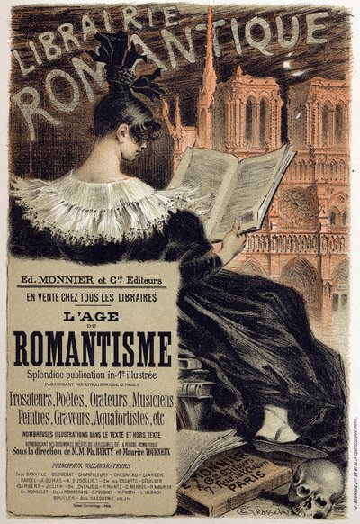 Literatura. Librairie romantique (Livraria Romântica.) Cartaz de Eugene Grasset para o editor Monnier, França, c.1890 Coll. Parte. (cartaz) de Eugene Grasset